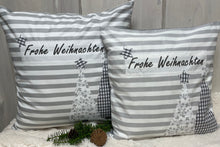Lade das Bild in den Galerie-Viewer, 1x Weihnachtliche Landhausstil Kissenhülle * Kissenbezug * Dekokissen * Frohe Weihnachten *grau/weiß gestreift