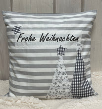 Lade das Bild in den Galerie-Viewer, 1x Weihnachtliche Landhausstil Kissenhülle * Kissenbezug * Dekokissen * Frohe Weihnachten *grau/weiß gestreift