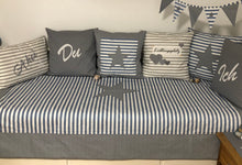 Load image into Gallery viewer, Maritime Patchwork Decke, Tagesdecke, Kinderdecke, Bettüberwurf 130cm x 200cm blau/grau