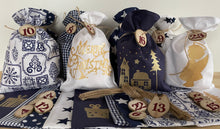Lade das Bild in den Galerie-Viewer, Adventskalender für Kinder, Landhausstil Adventskalender zum Befüllen, 24 Säckchen zum Advent , Adventskalender Zahlen aus Holz, blau /weiß