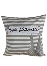 Lade das Bild in den Galerie-Viewer, 1x Weihnachtliche Landhausstil Kissenhülle * Kissenbezug * Dekokissen * Frohe Weihnachten *grau/weiß gestreift