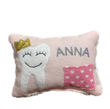 Carregar imagem no visualizador da galeria, Zahnfee Kissen / Personalisiert, Milchzahn Kissen, Zahnkissen, grau oder rosa 12x17cm.