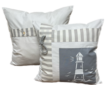 Lade das Bild in den Galerie-Viewer, Maritime Kissenhülle, Kissenbezug, Landhausstil Kissen * Leuchtturm * weiß/grau