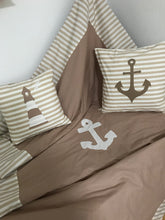 Load image into Gallery viewer, Maritime patchwork blanket, bedspread, children's blanket, bed throw 130cm x 200cm beige/white
