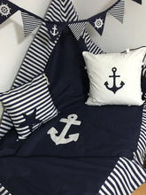 Load image into Gallery viewer, Maritime patchwork blanket, bedspread, children's blanket, bed throw 130cm x 200cm blue/white stripes