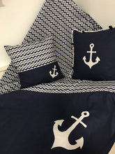 Load image into Gallery viewer, Maritime patchwork blanket, bedspread, children's blanket, bed throw 130cm x 200cm blue/white