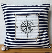 Lade das Bild in den Galerie-Viewer, 1x Maritime Kissenhülle, Kissenbezug, Landhausstil Kissen, Dekokissen Kompass blau/weiß