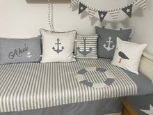 Load image into Gallery viewer, Maritime patchwork blanket, bedspread, children's blanket, bed throw 130cm x 200cm grey/white