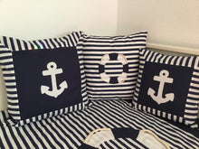 Load image into Gallery viewer, Maritime patchwork blanket, bedspread, children's blanket, bed throw 130cm x 200cm blue/white stripes