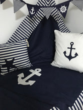 Load image into Gallery viewer, Maritime patchwork blanket, bedspread, children's blanket, bed throw 130cm x 200cm blue/white stripes