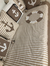 Load image into Gallery viewer, Maritime patchwork blanket, bedspread, children's blanket, bed throw 130cm x 200cm beige/white striped