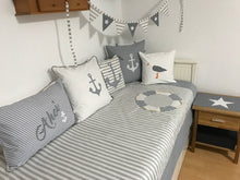 Load image into Gallery viewer, Maritime patchwork blanket, bedspread, children's blanket, bed throw 130cm x 200cm grey/white