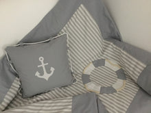 Load image into Gallery viewer, Maritime patchwork blanket, bedspread, children's blanket, bed throw 130cm x 200cm grey/white