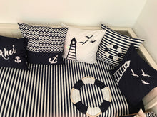 Load image into Gallery viewer, Maritime patchwork blanket, bedspread, children's blanket, bed throw 130cm x 200cm blue/white stripes
