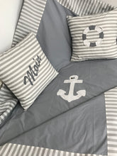 Load image into Gallery viewer, Maritime patchwork blanket, bedspread, children's blanket, bed throw 130cm x 200cm grey/white