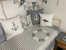 Load image into Gallery viewer, Maritime patchwork blanket, bedspread, children's blanket, bed throw 130cm x 200cm grey/white