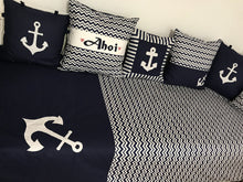 Load image into Gallery viewer, Maritime patchwork blanket, bedspread, children's blanket, bed throw 130cm x 200cm blue/white