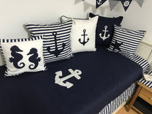 Load image into Gallery viewer, Maritime patchwork blanket, bedspread, children's blanket, bed throw 130cm x 200cm blue/white stripes