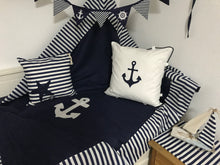 Load image into Gallery viewer, Maritime patchwork blanket, bedspread, children's blanket, bed throw 130cm x 200cm blue/white stripes