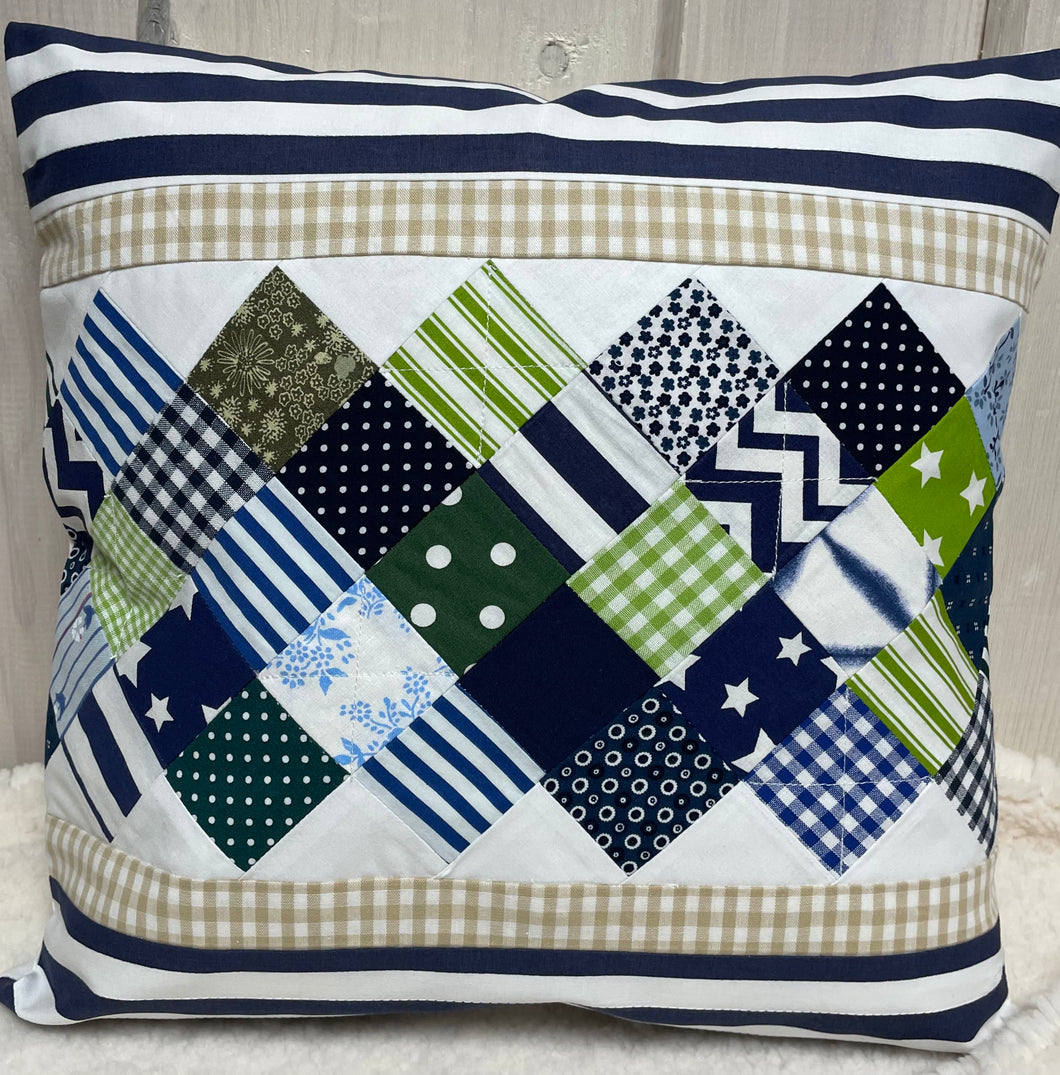 Patchwork Kissenhülle, Landhausstil Kissenbezug, blau/weiß/grün 40x40cm.