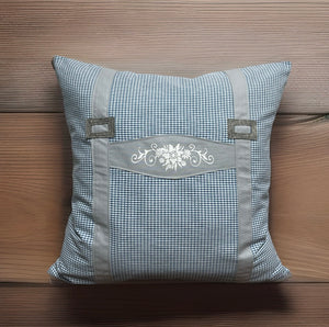1x Landhausstil Kissenhülle * Kissenbezug * Bauernstube Dekokissen * Hosenträger * blau/grau