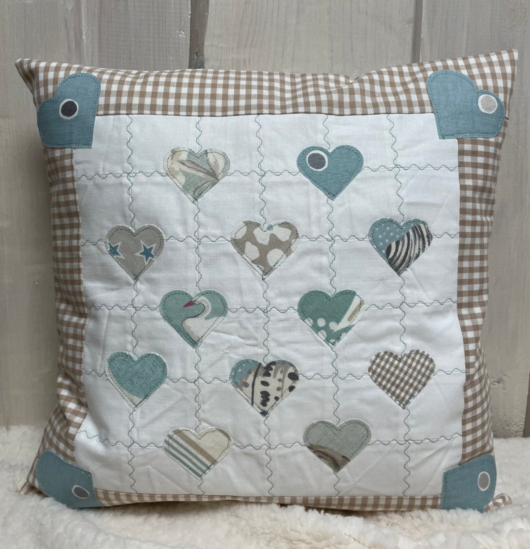 Patchwork Kissenhülle, Landhausstil Kissenbezug, mint/beige/weiß 40x40cm.