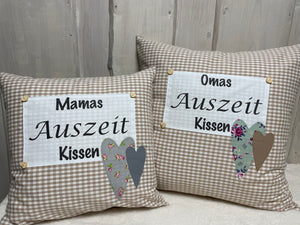 Landhausstil Kissenhülle * Kissenbezug * Dekokissen „Omas Auszeit Kissen“ beige/weiß kariert