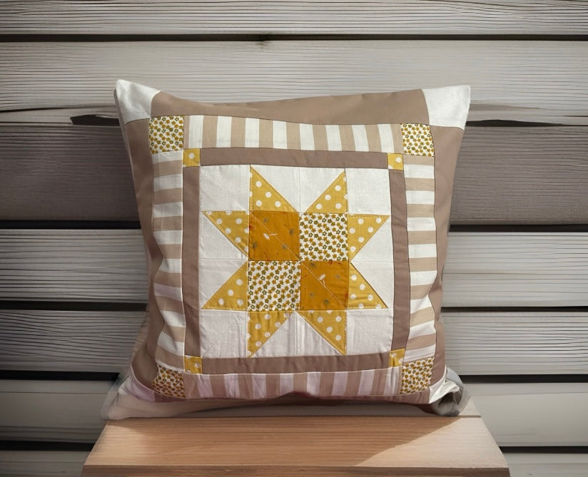 Patchwork Kissenhülle, Landhausstil Kissenbezug, beige/weiß/gelb 40x40cm