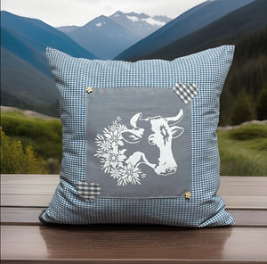 1x Landhausstil Kissenhülle * Kissenbezug * Bauernstube Dekokissen * Kuh* blau/grau