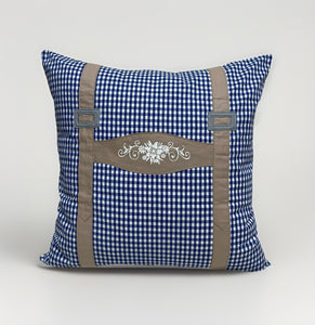 Landhausstil Kissenhülle, Kissenbezug, Bauernstube Dekokissen * Hosenträger * blau/beige
