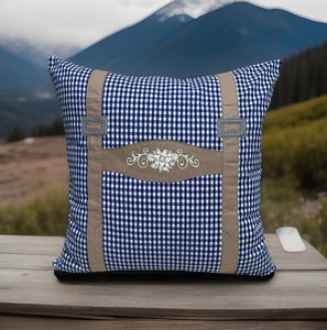 Landhausstil Kissenhülle, Kissenbezug, Bauernstube Dekokissen * Hosenträger * blau/beige