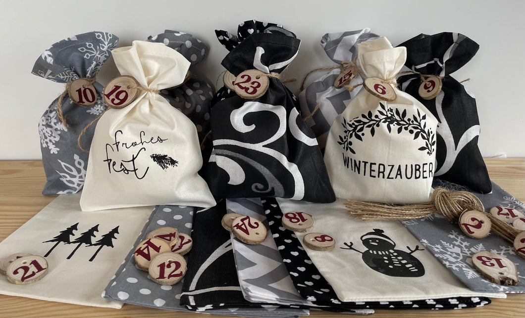 Adventskalender,Landhausstil Adventskalender zum Befüllen, 24 Säckchen zum Advent, schwarz/grau/creme