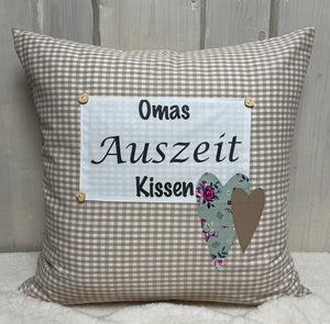 Landhausstil Kissenhülle * Kissenbezug * Dekokissen „Omas Auszeit Kissen“ beige/weiß kariert