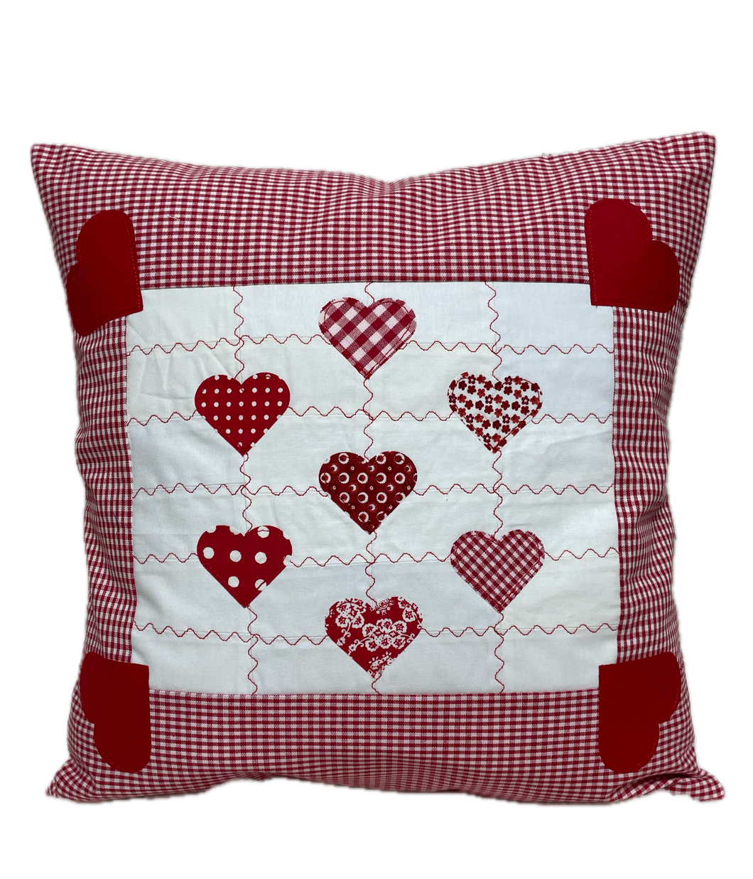 Patchwork Kissenhülle, Landhausstil Kissenbezug, rot/weiß 40x40cm.