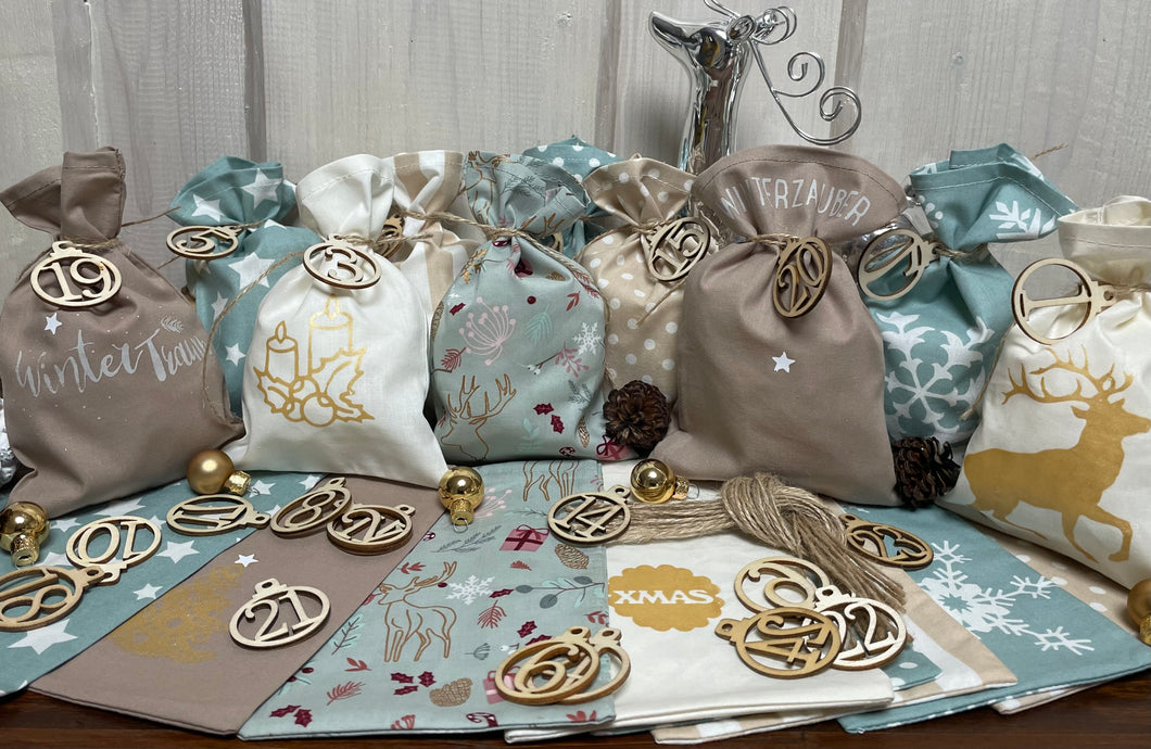 Adventskalender,Landhausstil Adventskalender zum Befüllen, 24 Säckchen zum Advent , Adventskalender Zahlen aus Holz, mint grün/beige