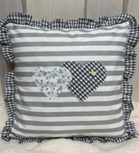 Load image into Gallery viewer, 1x country house style cushion cover * cushion cover with ruffles * decorative cushion * hearts * grey/white
