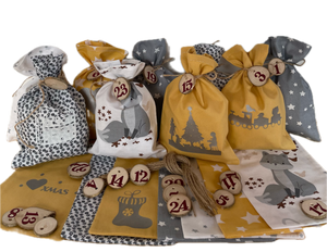 Adventskalender,Landhausstil Adventskalender zum Befüllen, grau/senfg