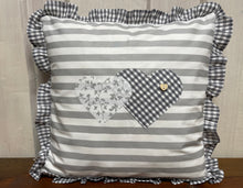 Load image into Gallery viewer, 1x country house style cushion cover * cushion cover with ruffles * decorative cushion * hearts * grey/white
