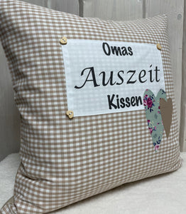 Landhausstil Kissenhülle * Kissenbezug * Dekokissen „Omas Auszeit Kissen“ beige/weiß kariert