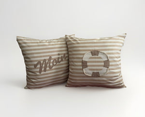 1 Maritime Kissenhülle, Kissenbezug, Landhausstil Kissenhüllen, Dekokissen *Rettungsring* beige/weiß gestreift