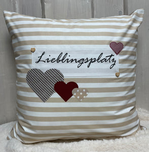 Landhausstil Kissenhülle, Kissenbezug, Dekokissen Lieblingsplatz, beige/weiß gestreift