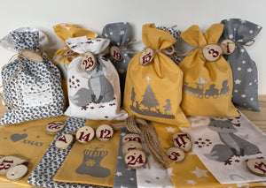 Adventskalender,Landhausstil Adventskalender zum Befüllen, grau/senfg