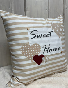 1x Landhausstil Kissenhülle * Kissenbezug * Dekokissen * Sweet Home * beige/weiß gestreift