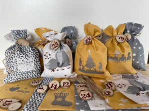 Adventskalender,Landhausstil Adventskalender zum Befüllen, grau/senfg