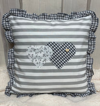 Load image into Gallery viewer, 1x country house style cushion cover * cushion cover with ruffles * decorative cushion * hearts * grey/white
