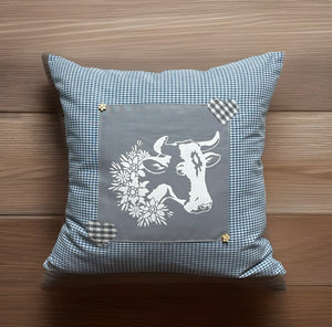 1x Landhausstil Kissenhülle * Kissenbezug * Bauernstube Dekokissen * Kuh* blau/grau