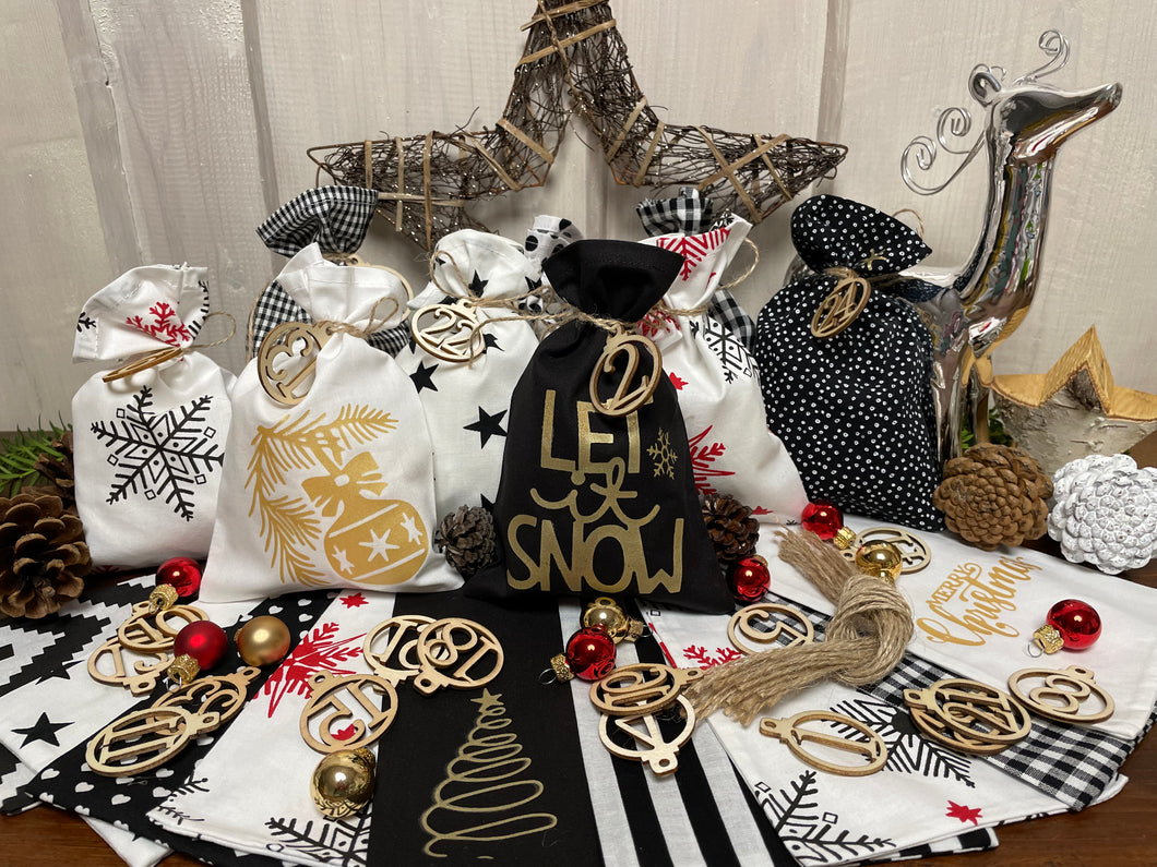Adventskalender,Landhausstil Adventskalender zum Befüllen, 24 Säckchen zum Advent , Adventskalender Zahlen aus Holz, schwarz /weiß