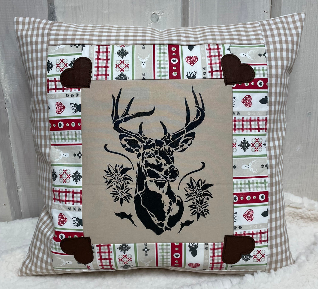 Patchwork Kissenhülle, Landhausstil Kissenbezug * Hirsch * beige/rot 40x40cm.