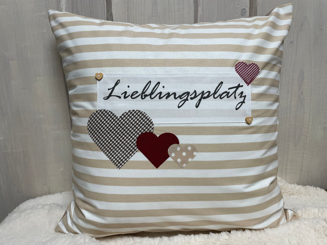 Landhausstil Kissenhülle, Kissenbezug, Dekokissen Lieblingsplatz, beige/weiß gestreift