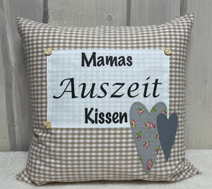 Landhausstil Kissenhülle * Kissenbezug * Dekokissen „Mamas Auszeit Kissen“ beige/weiß kariert